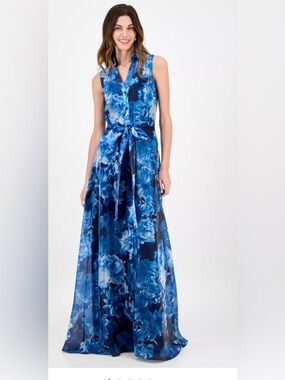Julia Jordan Blue Floral Organza Shirt Dress Button Front With Belt $198 Size:16